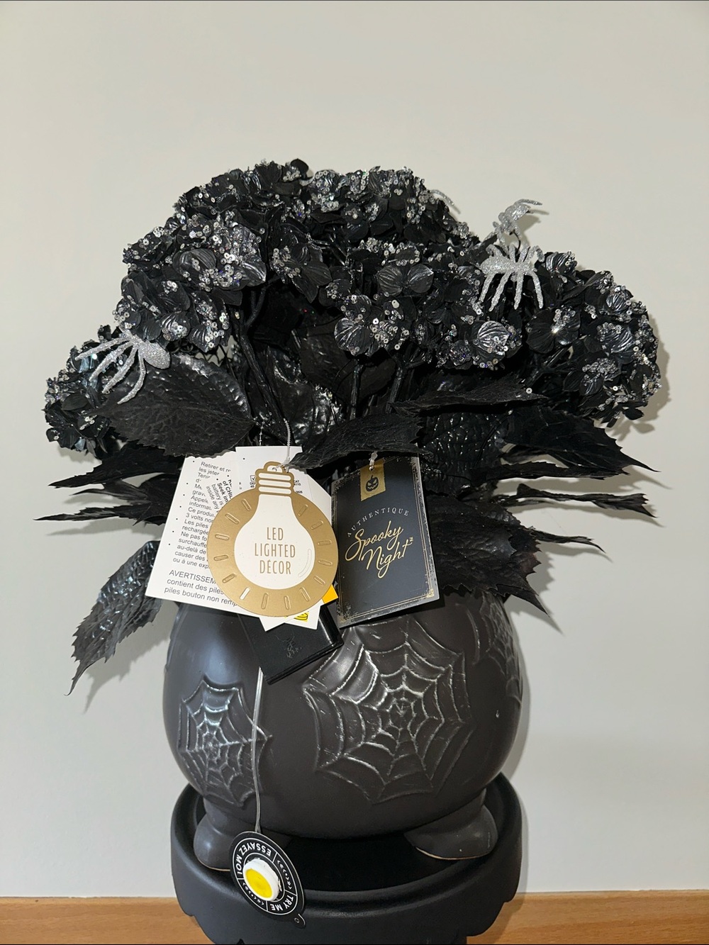 Halloween LED Lighted Black Floral Cauldron Décor